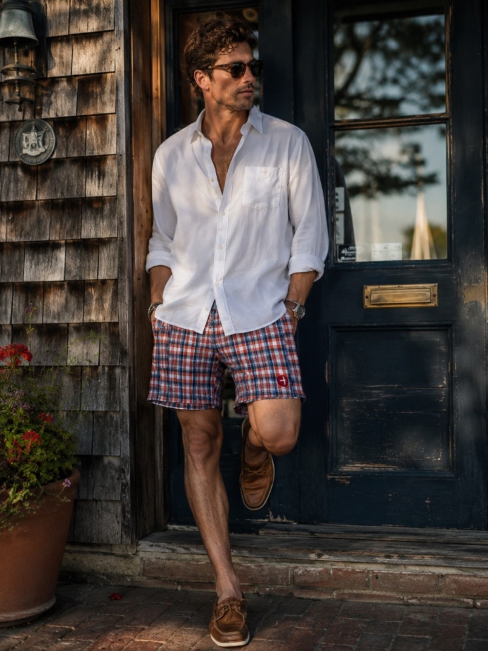 Relwen Men's Madras Board Shorts in Red and Blue